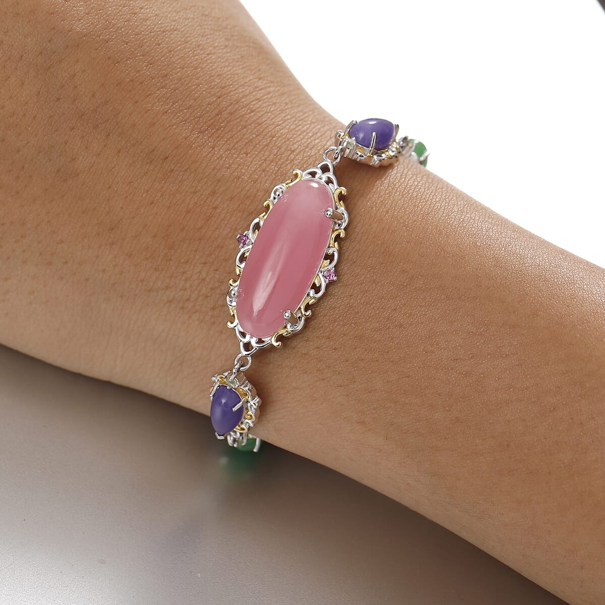 Pink Jade(D) and Multi Gemstones 31.70 ctw Royal Garden Bracelet in Rhodium and 18K Vermeil Yellow Gold Over Sterling Sliver (7.25 In) image number 2