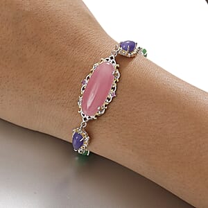Pink Jade(D) and Multi Gemstones 31.70 ctw Royal Garden Bracelet in Rhodium and 18K Vermeil Yellow Gold Over Sterling Sliver (7.25 In)