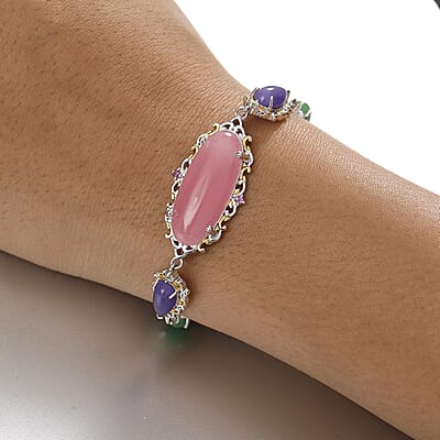 Pink Jade(D) and Multi Gemstones 31.70 ctw Royal Garden Bracelet in Rhodium and 18K Vermeil Yellow Gold Over Sterling Silver (7.25 In)