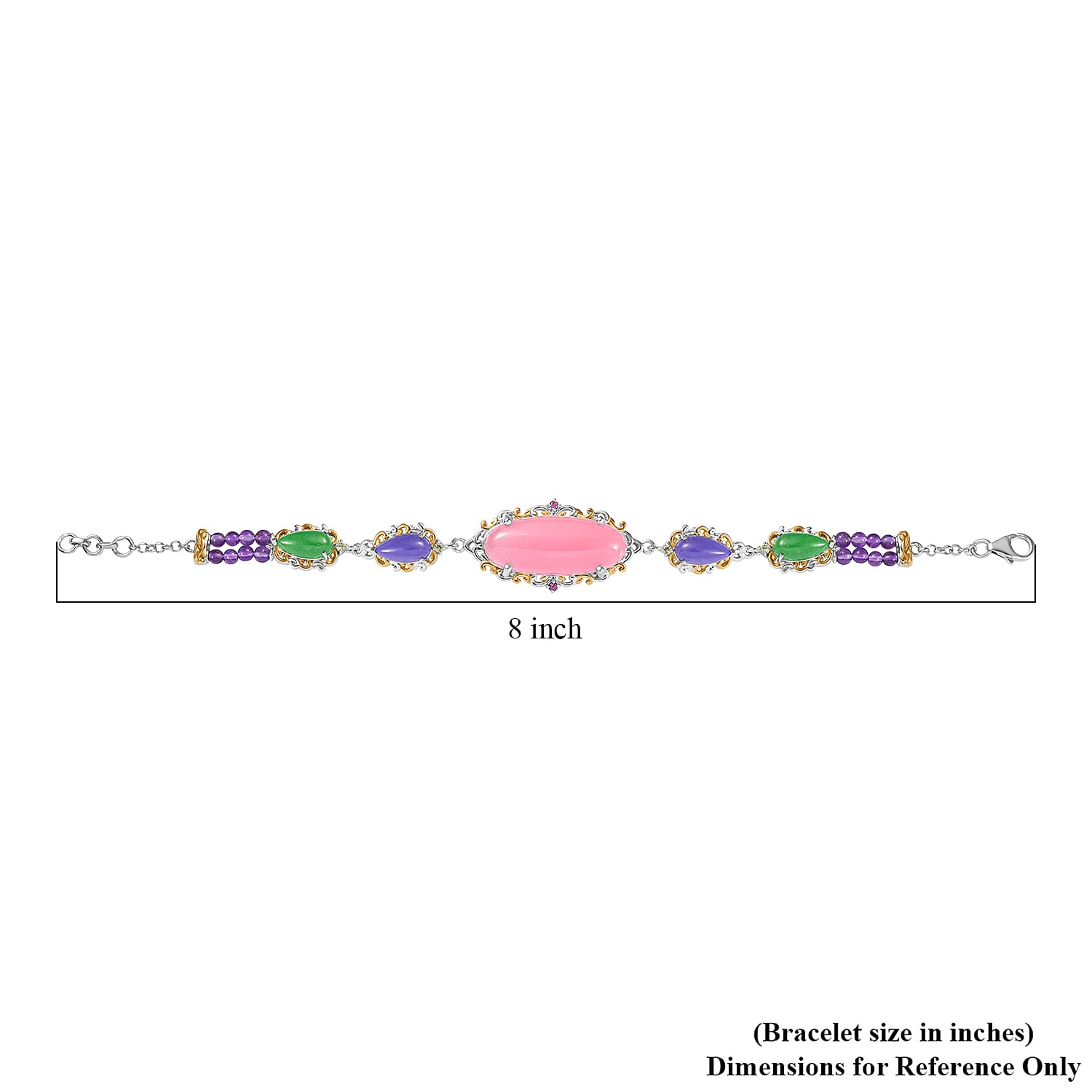 Pink Jade(D) and Multi Gemstones 31.70 ctw Royal Garden Bracelet in Rhodium and 18K Vermeil Yellow Gold Over Sterling Sliver (7.25 In)