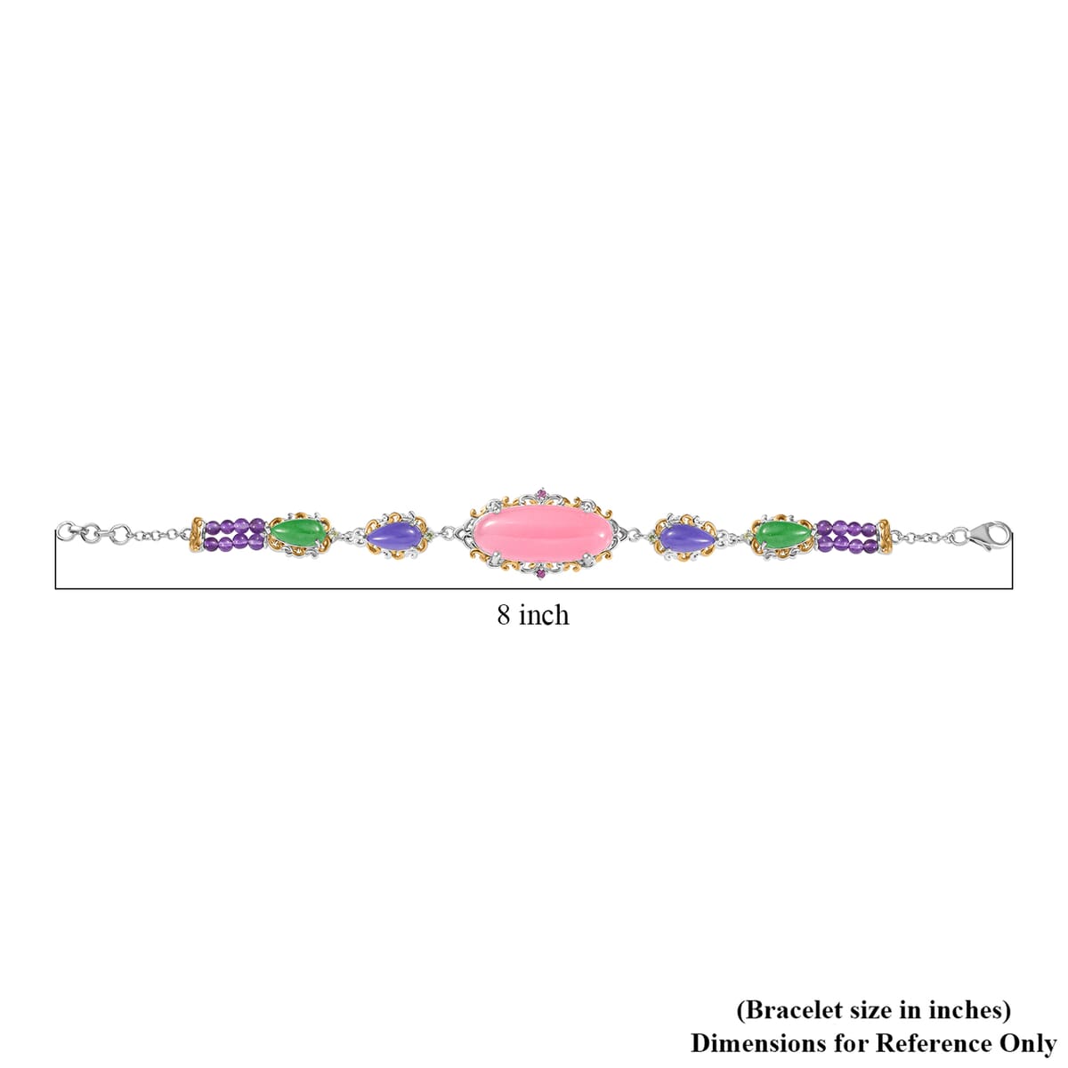 Pink Jade(D) and Multi Gemstones 31.70 ctw Royal Garden Bracelet in Rhodium and 18K Vermeil Yellow Gold Over Sterling Sliver (7.25 In) image number 4