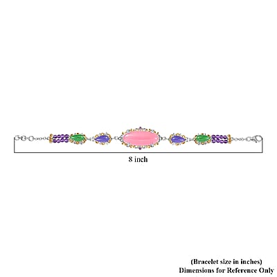 Pink Jade(D) and Multi Gemstones 31.70 ctw Royal Garden Bracelet in Rhodium and 18K Vermeil Yellow Gold Over Sterling Silver (7.25 In)