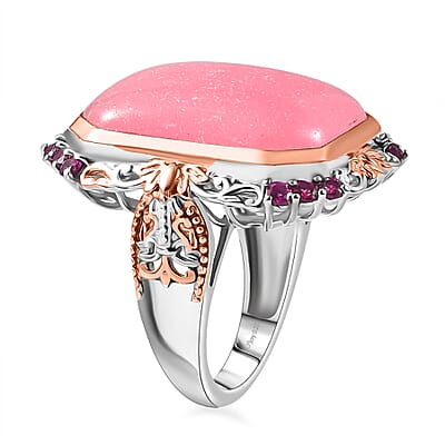 Pink Jade(D) and Orissa Rhodolite Garnet 24.30 ctw Rose Blossom Ring in 18K Vermeil RG and Rhodium Over Sterling Silver (Size 10.0) 
