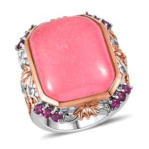 Pink Jade(D) and Orissa Rhodolite Garnet 24.30 ctw Rose Blossom Ring in 18K Vermeil RG and Rhodium Over Sterling Silver (Size 6.0) 