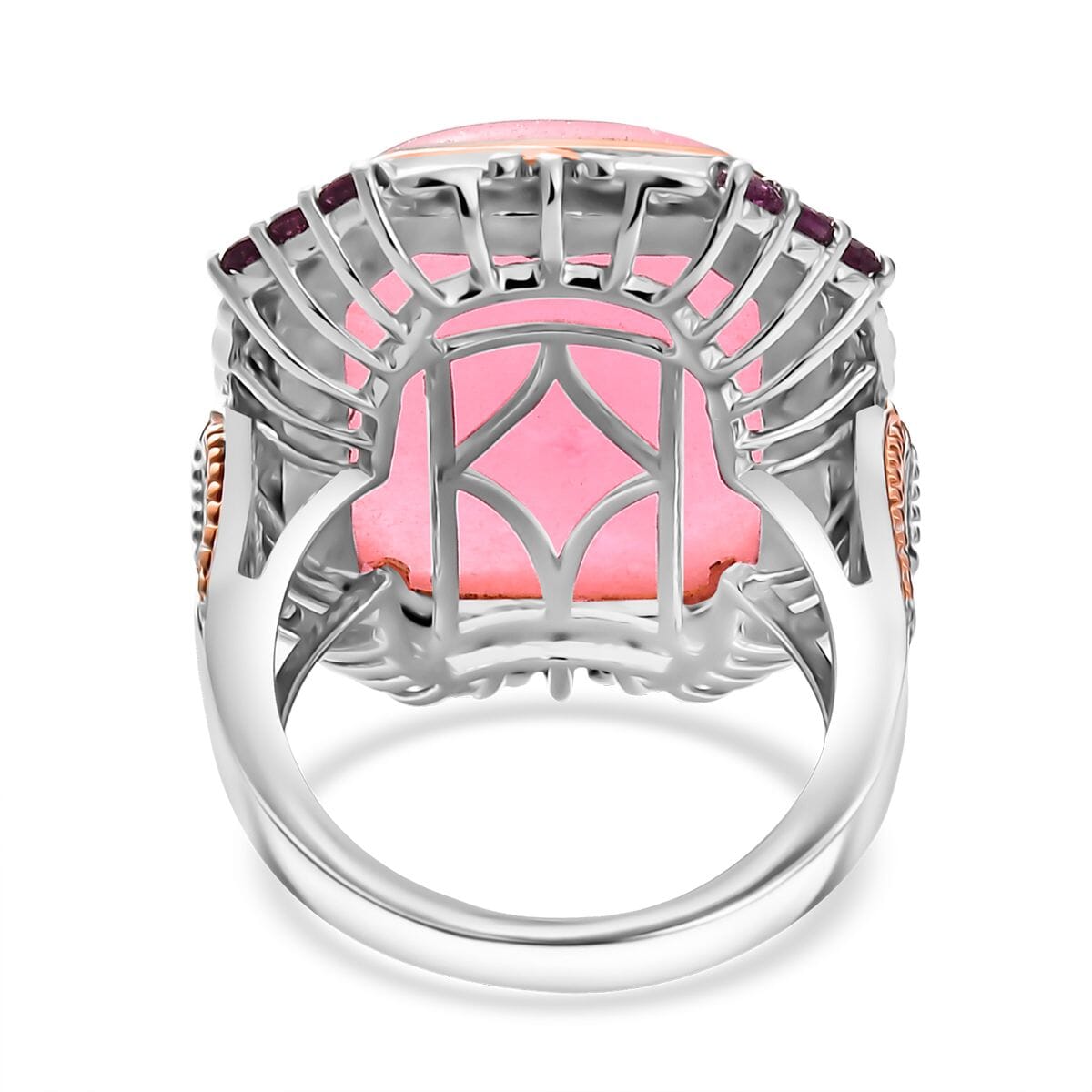 Pink Jade(D) and Orissa Rhodolite Garnet 24.30 ctw Rose Blossom Ring in 18K Vermeil RG and Rhodium Over Sterling Silver (Size 7.0)  image number 4