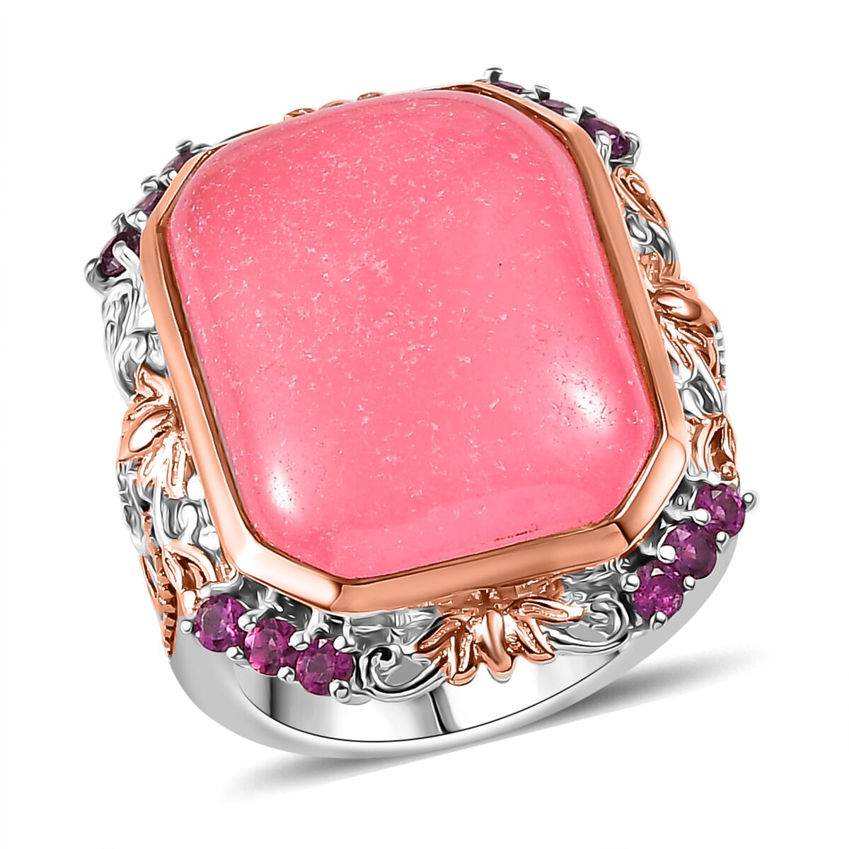 Pink Jade(D) and Orissa Rhodolite Garnet 24.30 ctw Rose Blossom Ring in 18K Vermeil RG and Rhodium Over Sterling Silver (Size 8.0)  image number 0