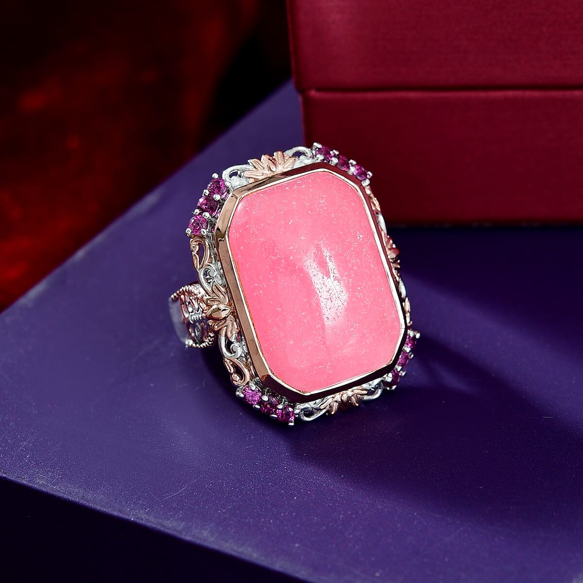 Pink Jade(D) and Orissa Rhodolite Garnet 24.30 ctw Rose Blossom Ring in 18K Vermeil RG and Rhodium Over Sterling Silver (Size 8.0)  image number 1