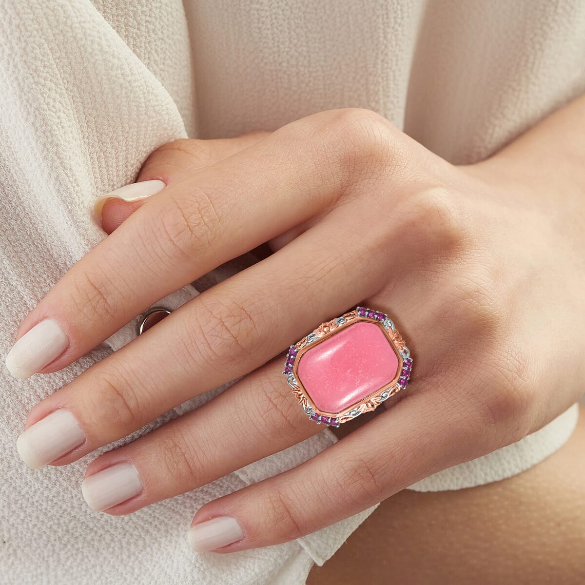 Pink Jade(D) and Orissa Rhodolite Garnet 24.30 ctw Rose Blossom Ring in 18K Vermeil RG and Rhodium Over Sterling Silver (Size 8.0)  image number 2