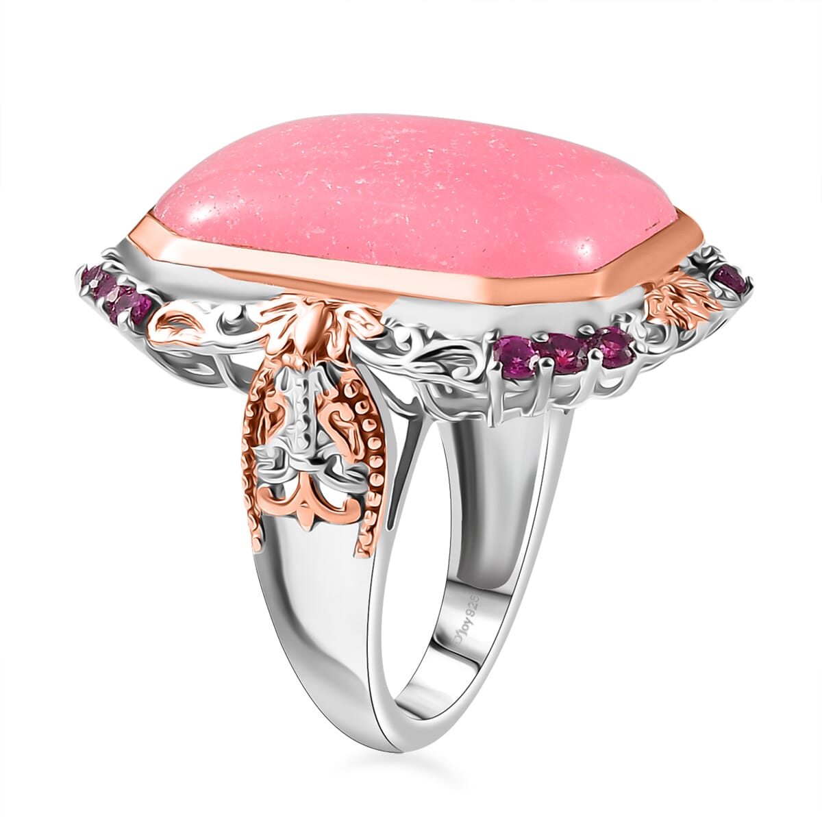 Pink Jade(D) and Orissa Rhodolite Garnet 24.30 ctw Rose Blossom Ring in 18K Vermeil RG and Rhodium Over Sterling Silver (Size 8.0)  image number 3