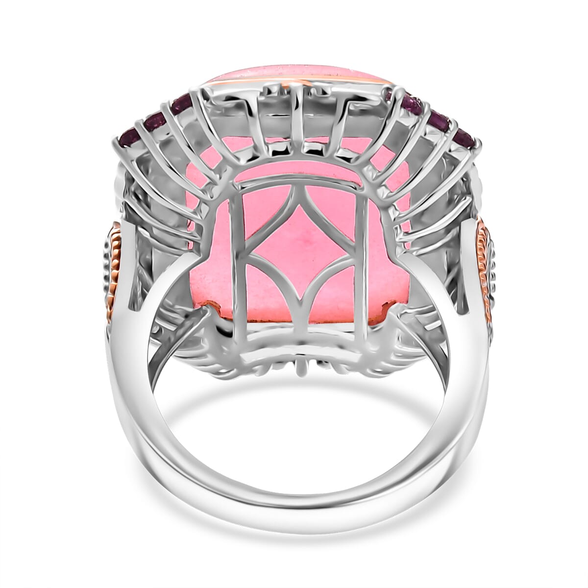 Pink Jade(D) and Orissa Rhodolite Garnet 24.30 ctw Rose Blossom Ring in 18K Vermeil RG and Rhodium Over Sterling Silver (Size 9.0)  image number 4