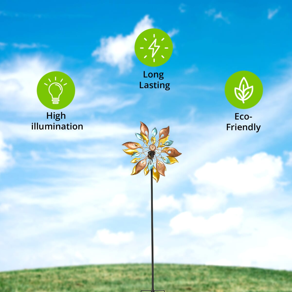 Double-sided Multi Color Leaves Wind Spinner Stake with Solar Ball (19.5"x6"x70") image number 1