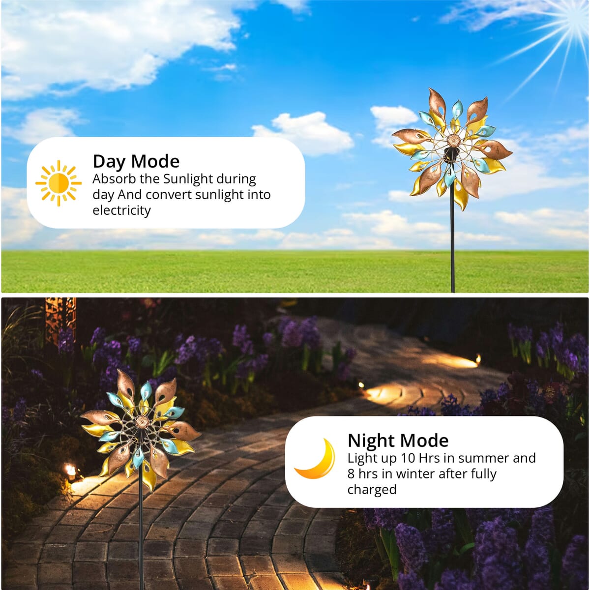 Double-sided Multi Color Leaves Wind Spinner Stake with Solar Ball (19.5"x6"x70") image number 2