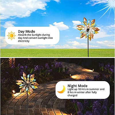 Double-sided Multi Color Leaves Wind Spinner Stake with Solar Ball
