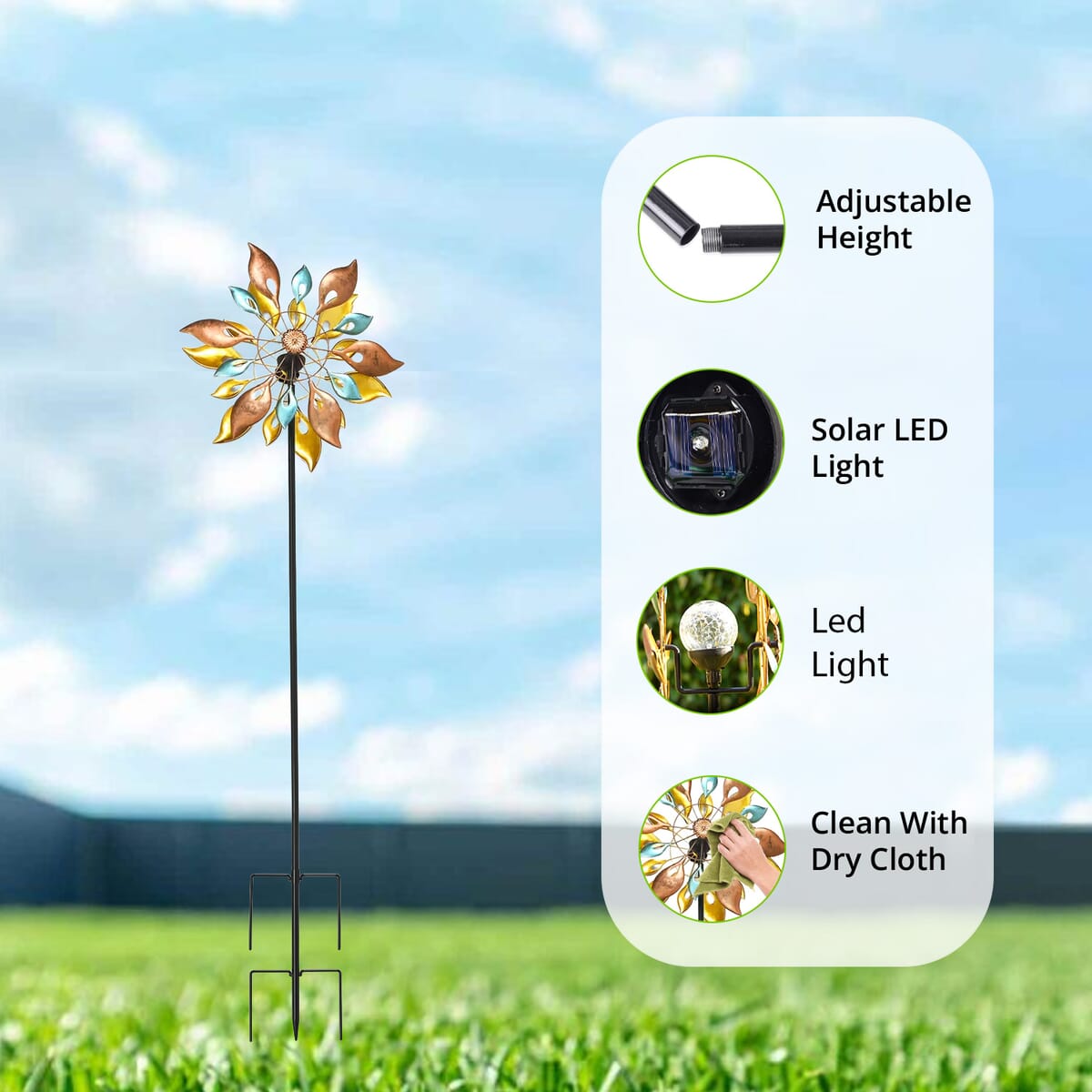 Double-sided Multi Color Leaves Wind Spinner Stake with Solar Ball (19.5"x6"x70") image number 3