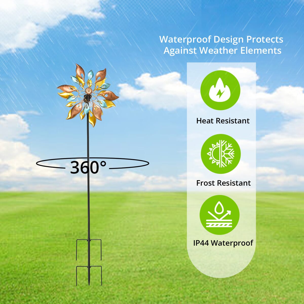 Double-sided Multi Color Leaves Wind Spinner Stake with Solar Ball (19.5"x6"x70") image number 4