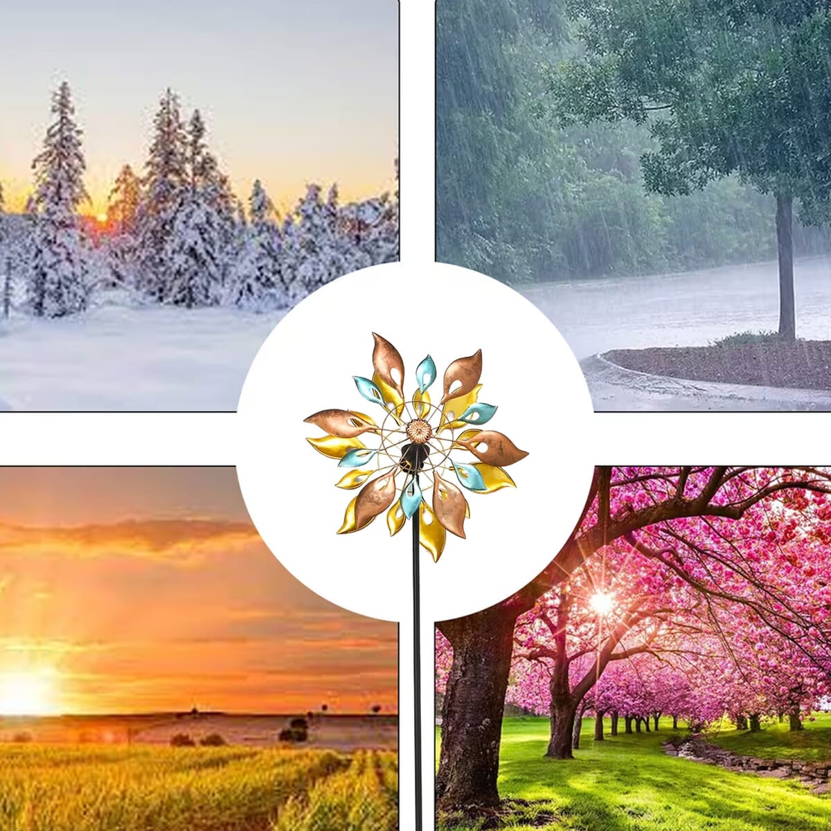 Double-sided Multi Color Leaves Wind Spinner Stake with Solar Ball (19.5"x6"x70") image number 5