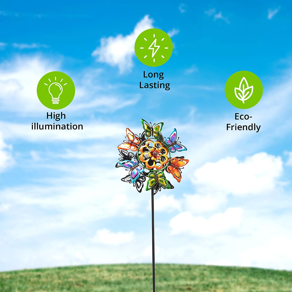 Double-sided Multi Color Butterfly Wind Spinner Stake with Solar Ball image number 1