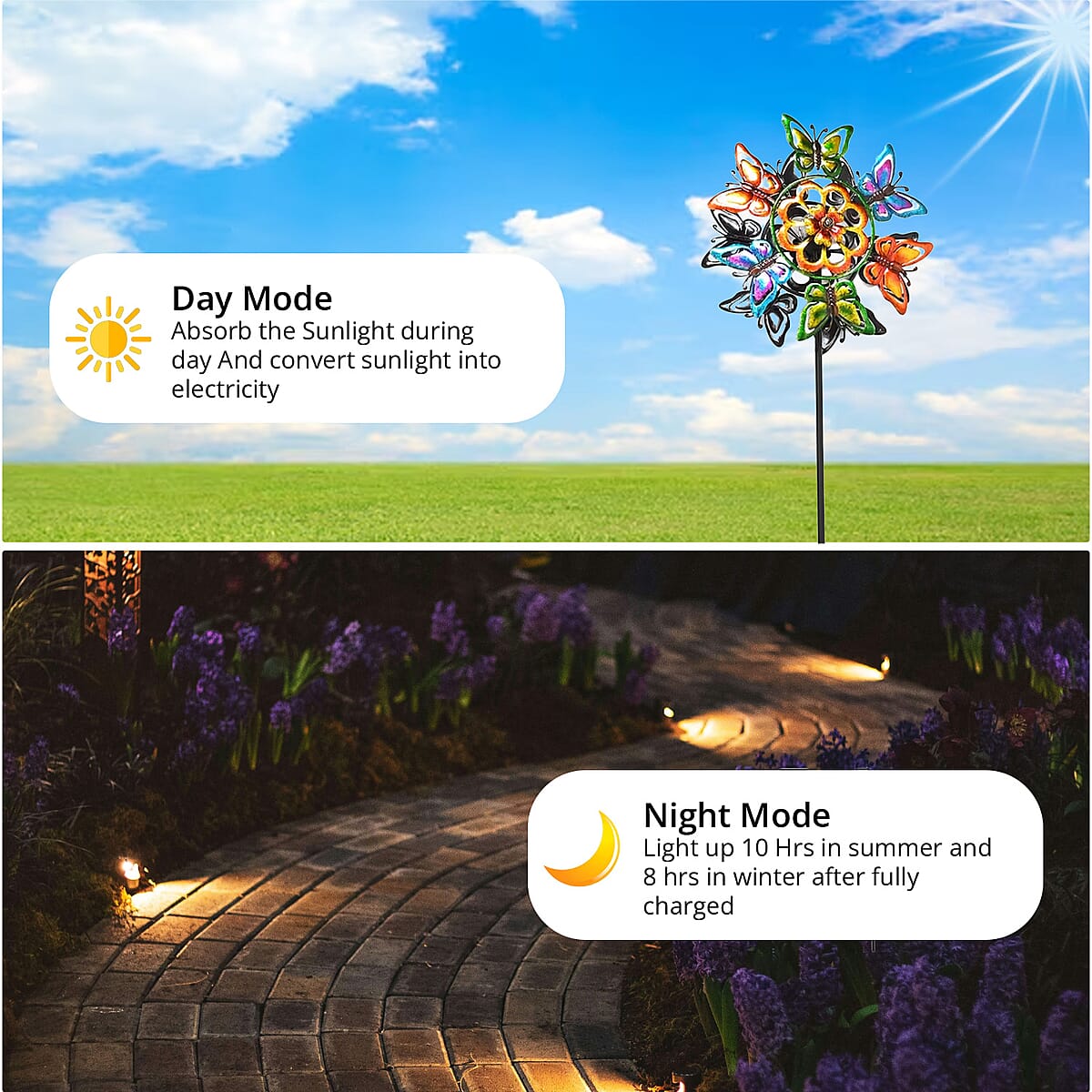 Double-sided Multi Color Butterfly Wind Spinner Stake with Solar Ball image number 2