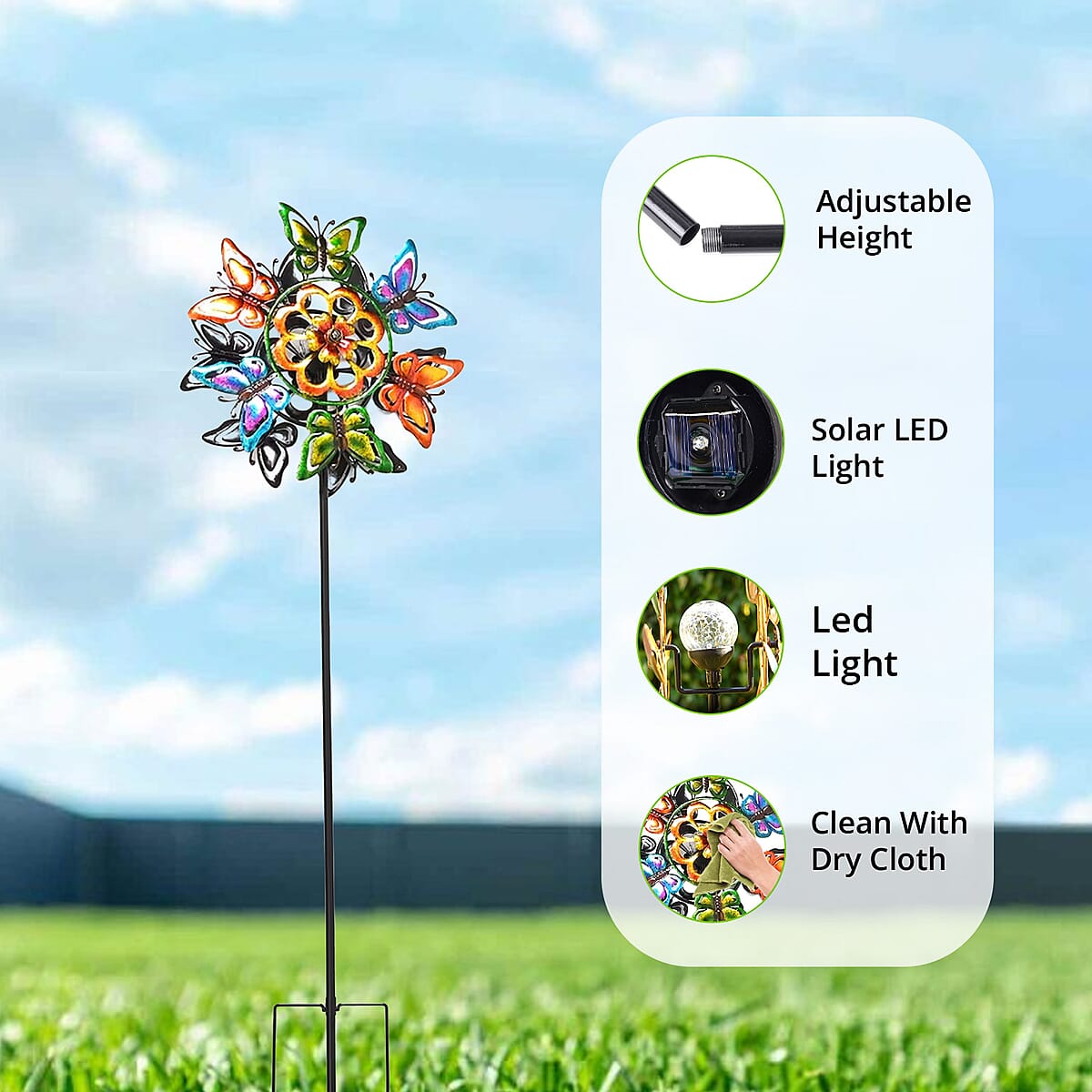 Double-sided Multi Color Butterfly Wind Spinner Stake with Solar Ball image number 3