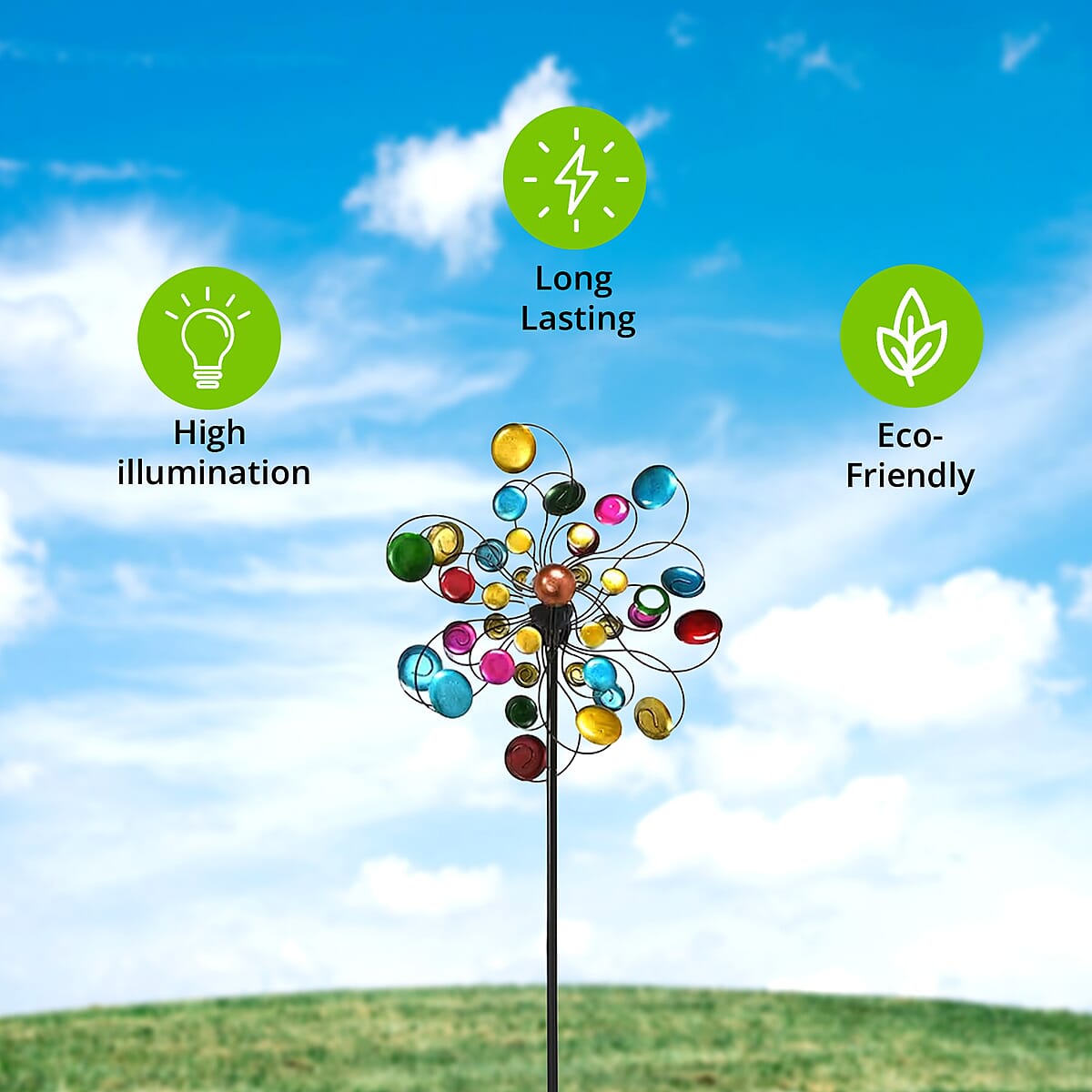Double-sided Colorful Circles Wind Spinner Stake with Solar Ball image number 1