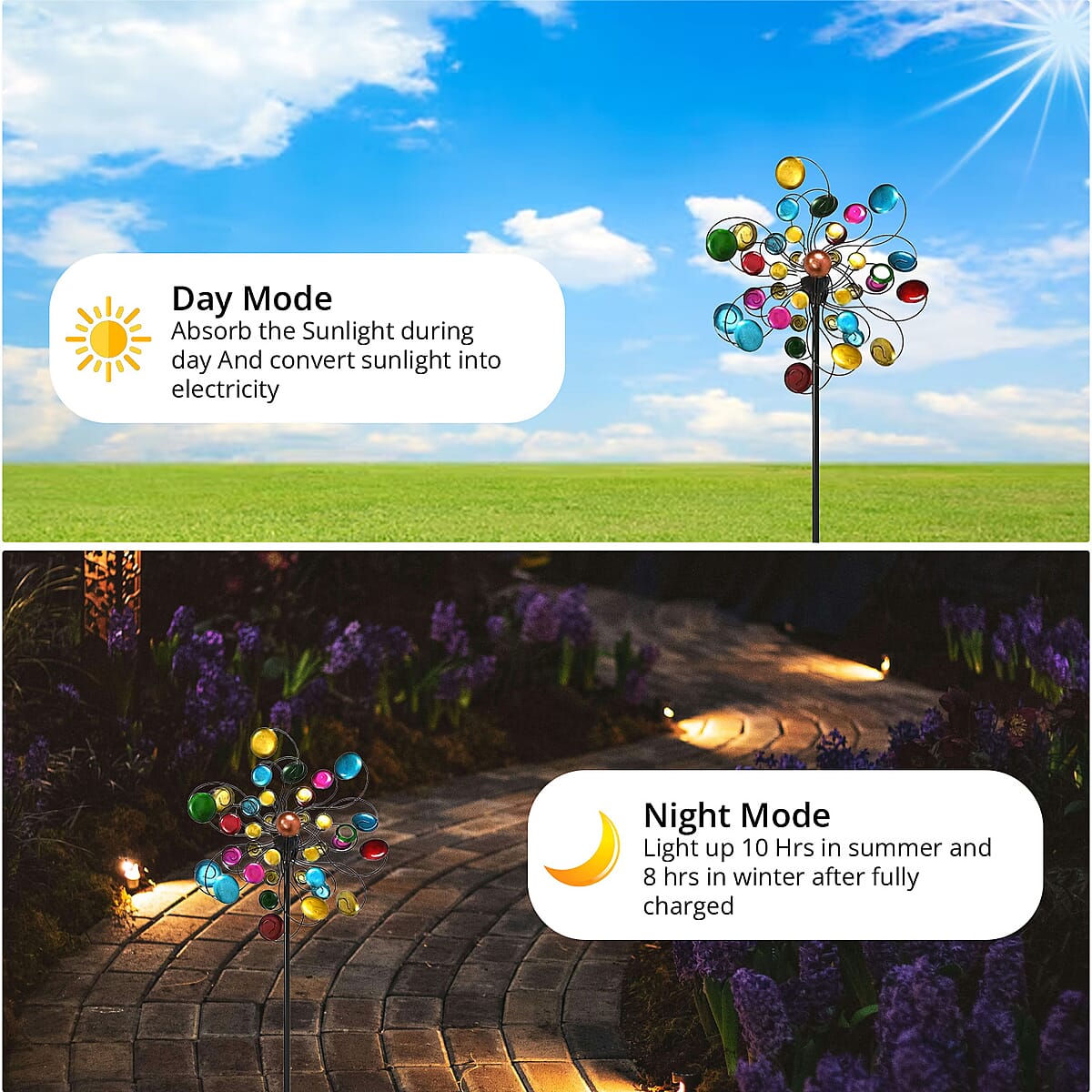 Double-sided Colorful Circles Wind Spinner Stake with Solar Ball image number 2