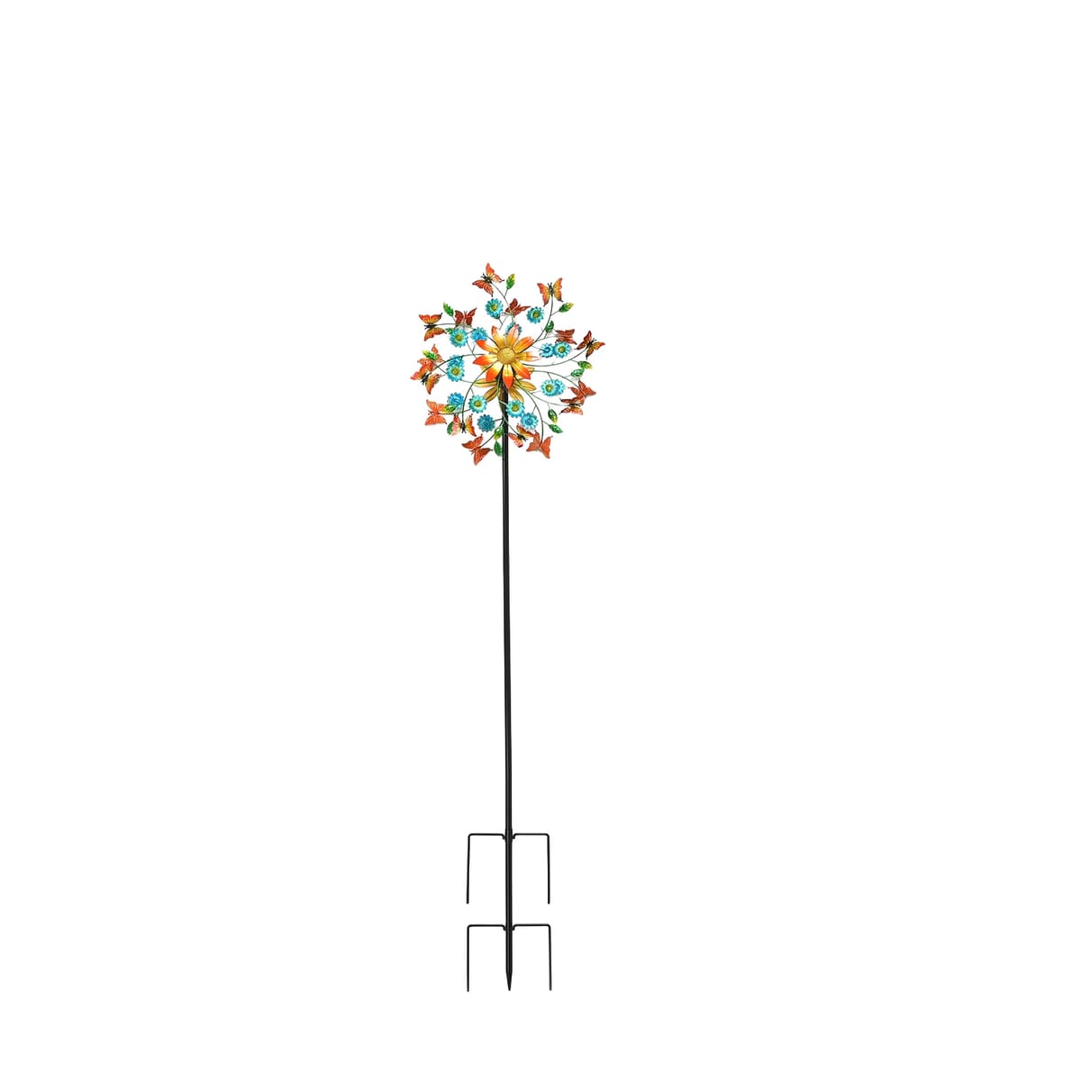 Double-sided Butterfly and Flower Wind Spinner Stake with Solar Ball image number 0