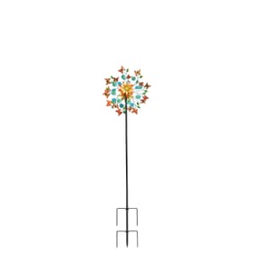Double-sided Butterfly and Flower Wind Spinner Stake with Solar Ball