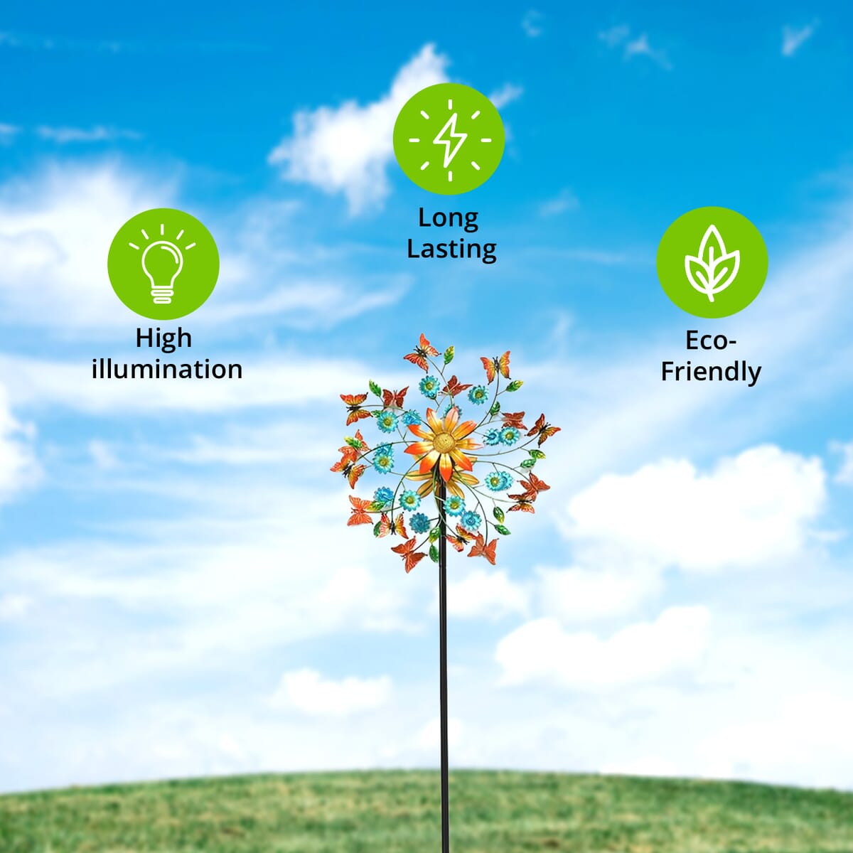 Double-sided Butterfly and Flower Wind Spinner Stake with Solar Ball image number 1