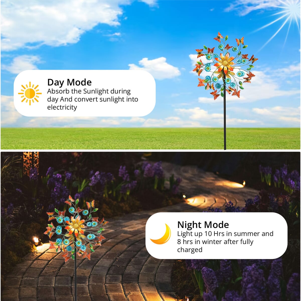 Double-sided Butterfly and Flower Wind Spinner Stake with Solar Ball image number 2