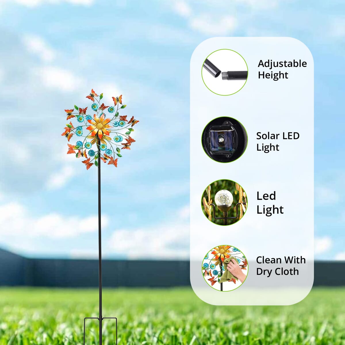 Double-sided Butterfly and Flower Wind Spinner Stake with Solar Ball image number 4
