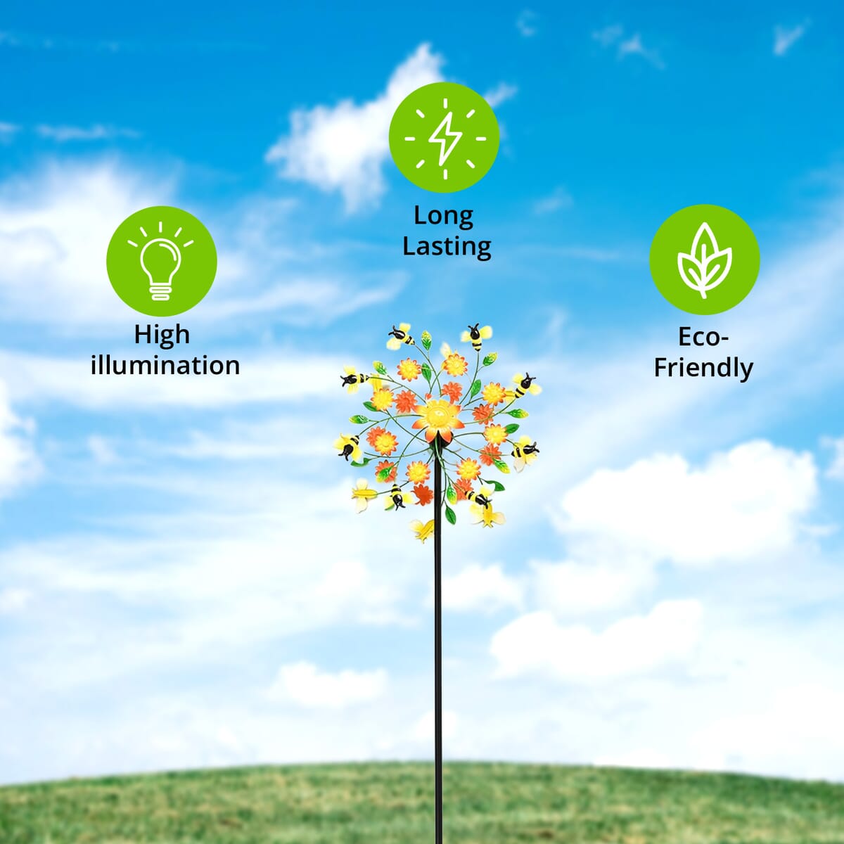 Double-sided Bee and Flower Wind Spinner Stake with Solar Ball image number 1