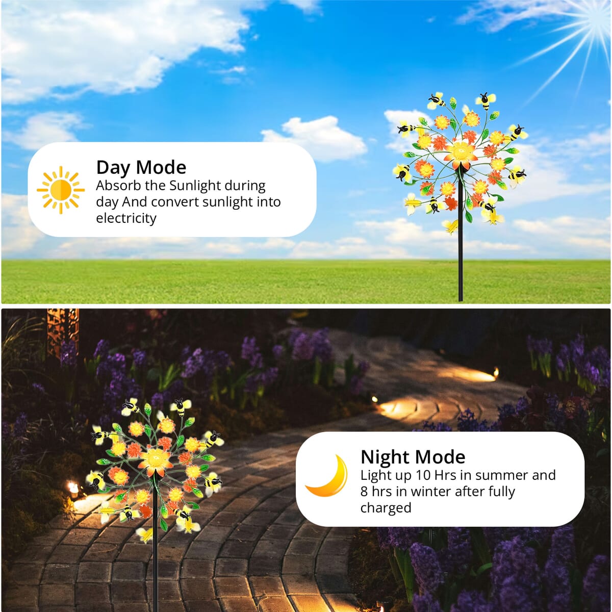 Double-sided Bee and Flower Wind Spinner Stake with Solar Ball image number 2