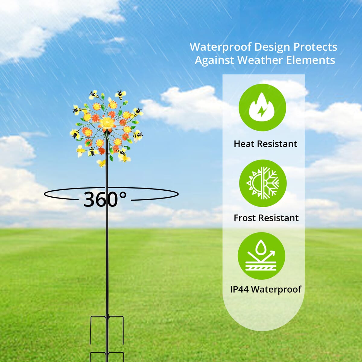 Double-sided Bee and Flower Wind Spinner Stake with Solar Ball image number 3