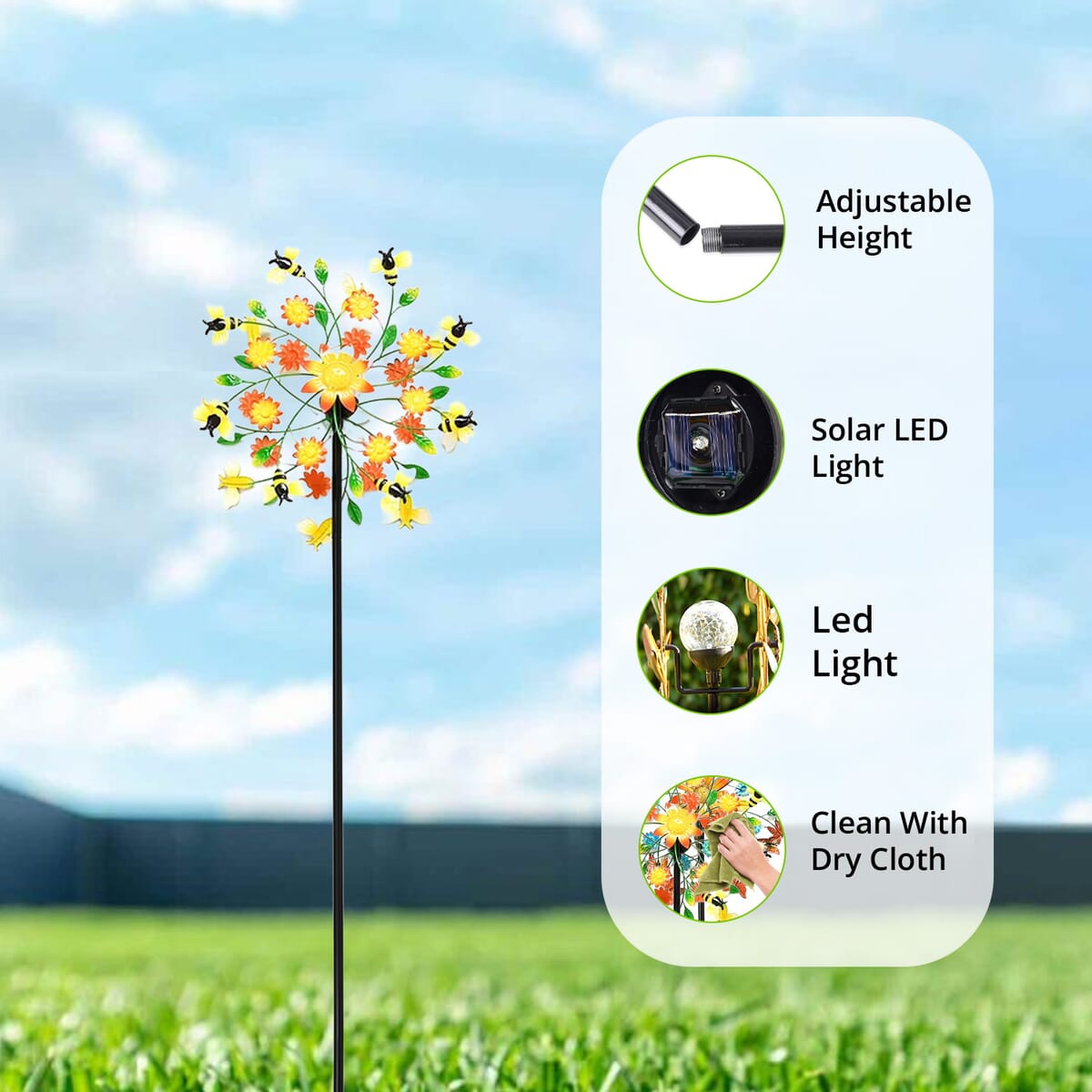 Double-sided Bee and Flower Wind Spinner Stake with Solar Ball image number 4