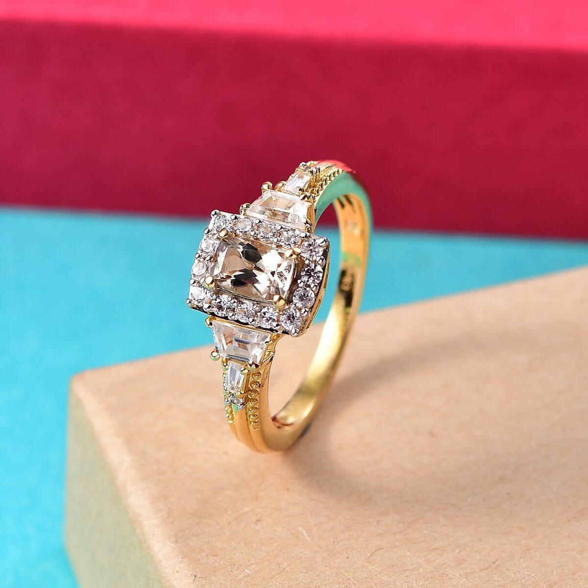 AAA Turkizite and White Zircon 1.65 ctw Vintage Halo Ring in 18K Vermeil Yellow Gold Over Sterling Silver (Size 7.0) image number 1