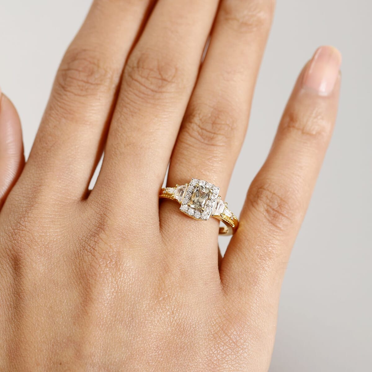 AAA Turkizite and White Zircon 1.65 ctw Vintage Halo Ring in 18K Vermeil Yellow Gold Over Sterling Silver (Size 7.0) image number 2