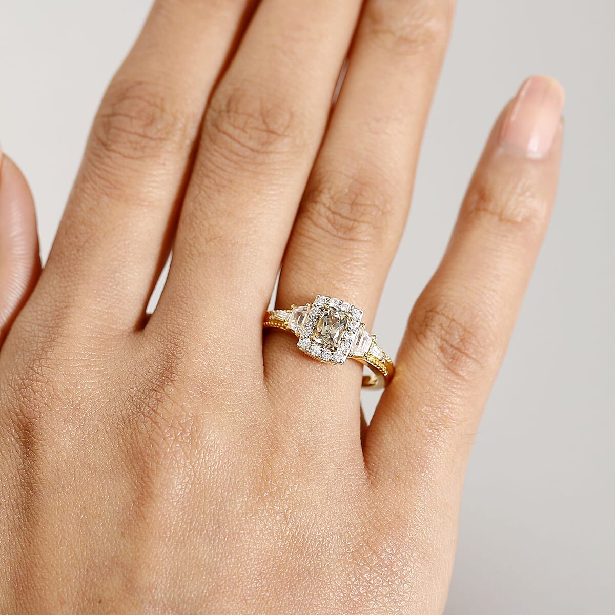 D'Joy AAA Turkizite and White Zircon 1.65 ctw Vintage Halo Ring in 18K Vermeil Yellow Gold Over Sterling Silver (Size 8.0) image number 2