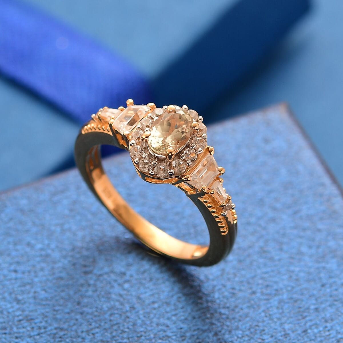 AAA Turkizite and White Zircon 1.50 ctw Vintage Halo Ring in 18K Vermeil Yellow Gold Over Sterling Silver (Size 7.0) image number 1