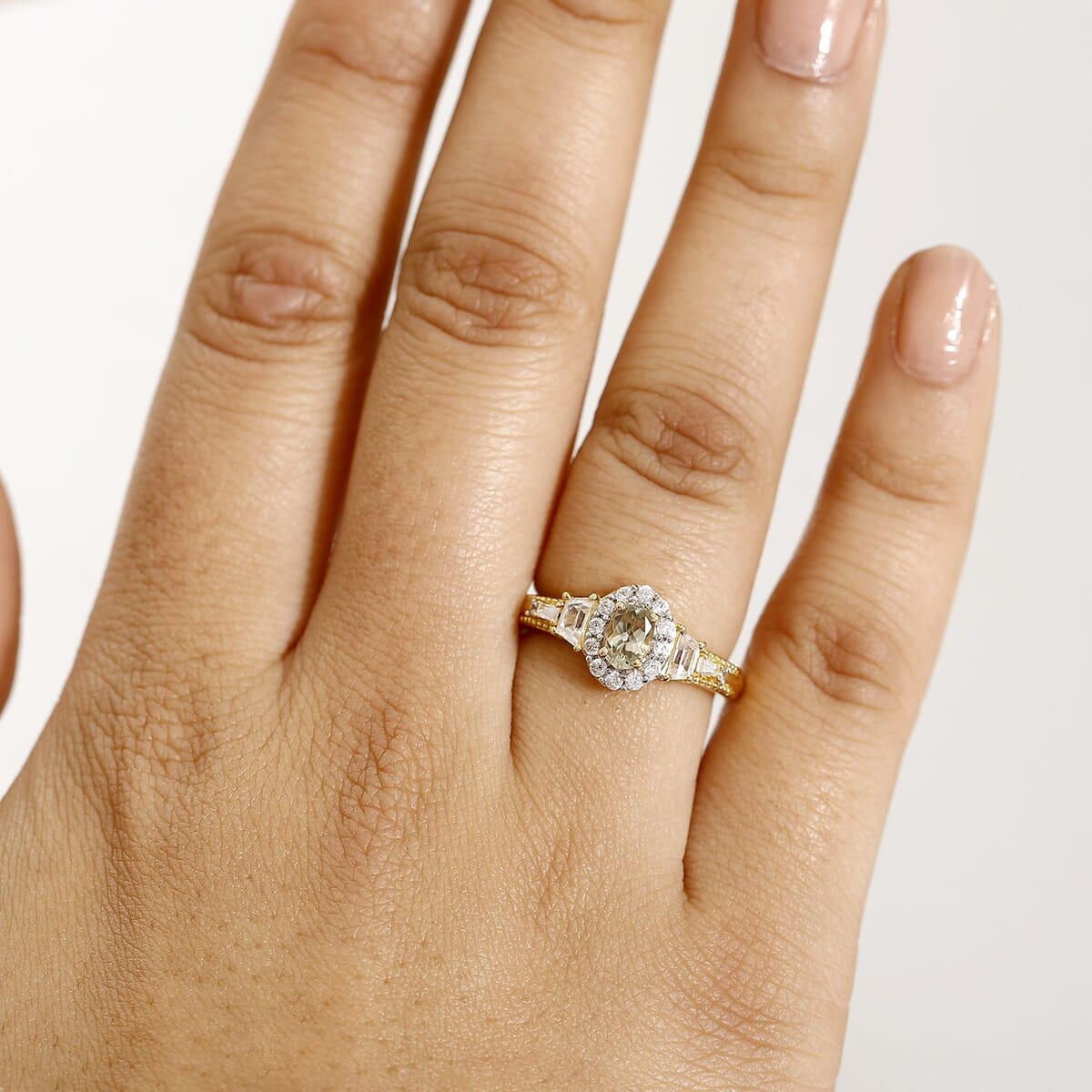 AAA Turkizite and White Zircon 1.50 ctw Vintage Halo Ring in 18K Vermeil Yellow Gold Over Sterling Silver (Size 7.0) image number 2
