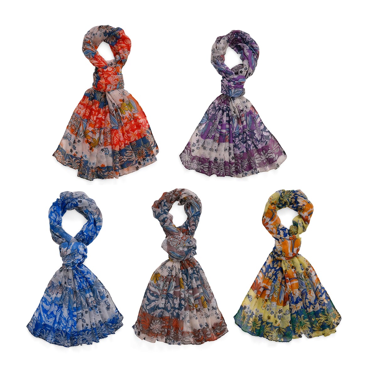 Set of 5 Stripe Floral Pattern Polyester Scarfs image number 0