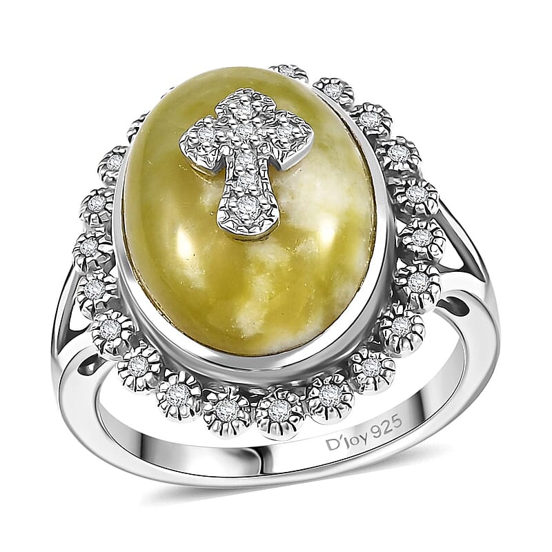 D'Joy Connemara Marble and White Zircon 11.50 ctw Celtic Cross Ring in Platinum Over Sterling Silver (Size 10.0)