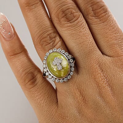 D'Joy Connemara Marble and White Zircon 11.50 ctw Celtic Cross Ring in Platinum Over Sterling Silver (Size 10.0)