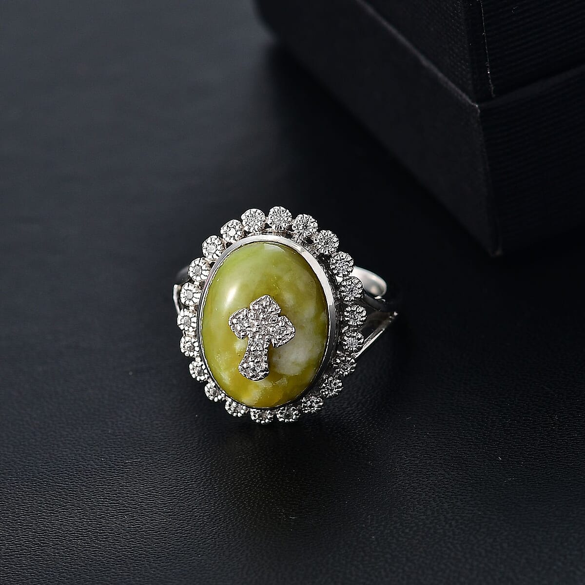 Connemara Marble and White Zircon 11.50 ctw Celtic Cross Ring in Platinum Over Sterling Silver (Size 11.0) image number 1
