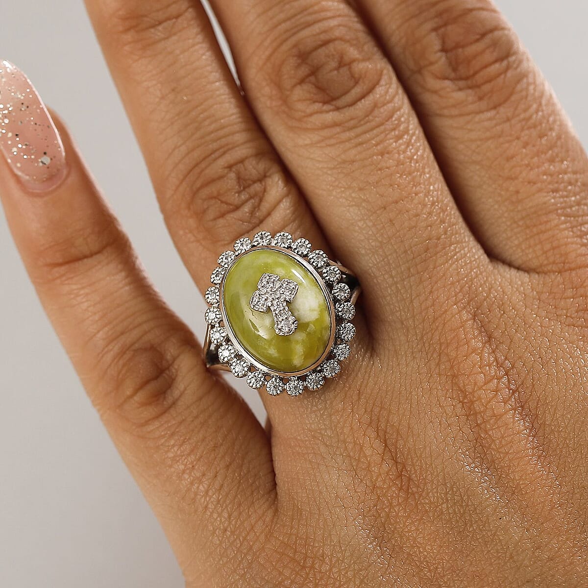 Connemara Marble and White Zircon 11.50 ctw Celtic Cross Ring in Platinum Over Sterling Silver (Size 11.0) image number 2