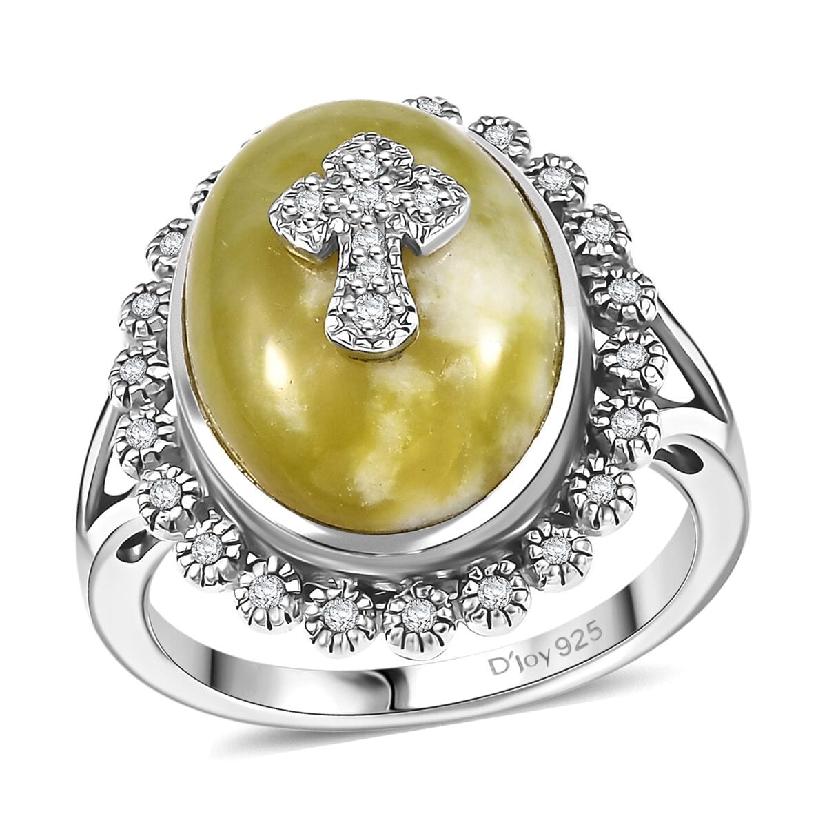 Connemara Marble and White Zircon 11.50 ctw Celtic Cross Ring in Platinum Over Sterling Silver (Size 6.0) image number 0