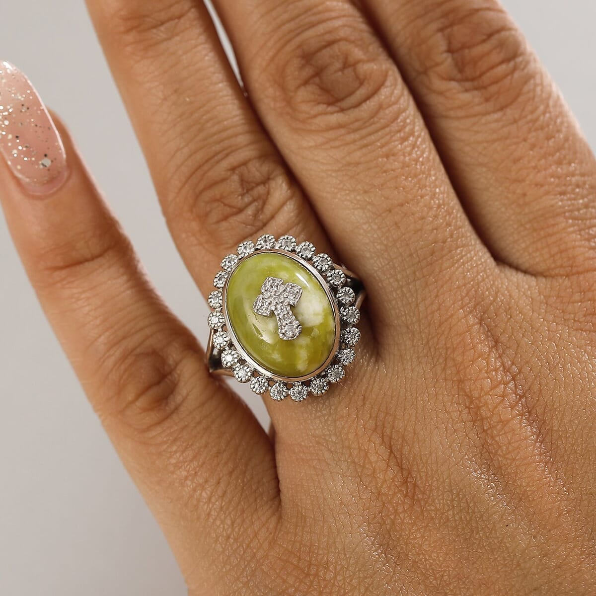 Connemara Marble and White Zircon 11.50 ctw Celtic Cross Ring in Platinum Over Sterling Silver (Size 6.0) image number 2