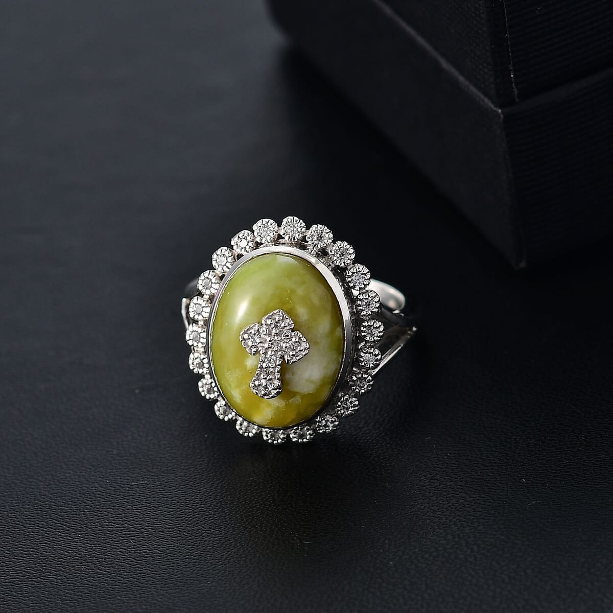 Connemara Marble and White Zircon 11.50 ctw Celtic Cross Ring in Platinum Over Sterling Silver (Size 7.0) image number 1