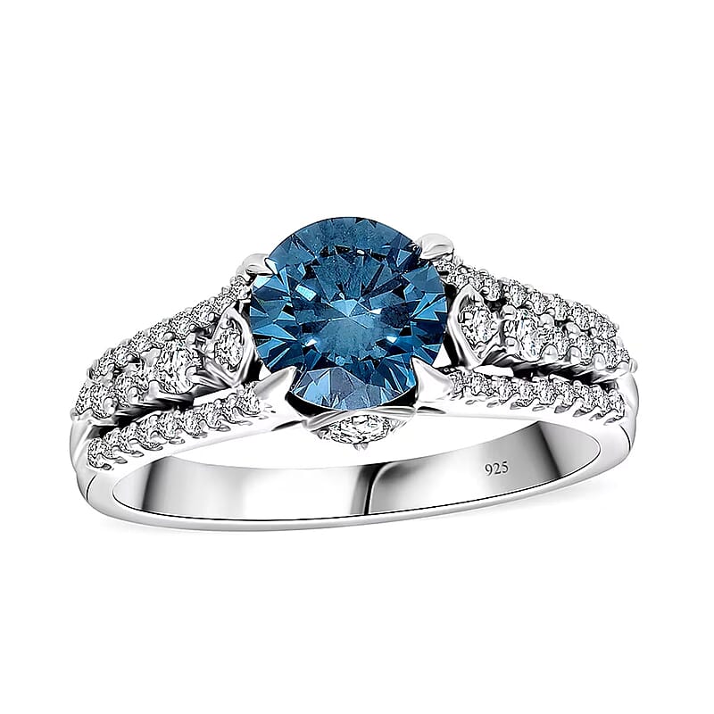 Luxuriant Lab Grown Blue Diamond (IR) and Lab Grown White Diamond VS-SI 2.00 ctw Azure Crown Ring in Platinum Over Sterling Silver (Size 10.0)