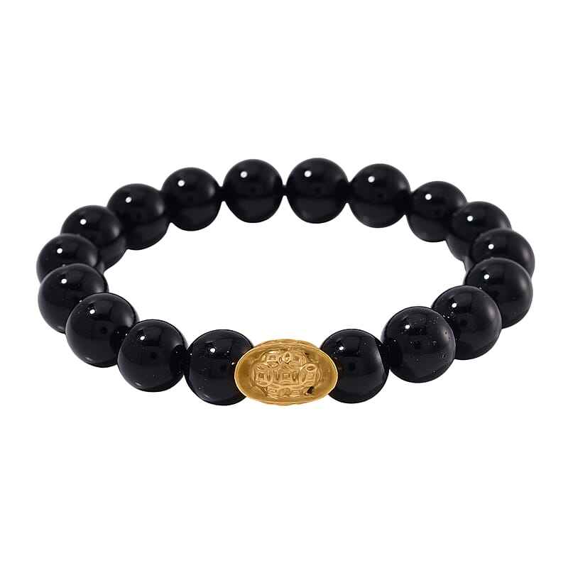 Black Obsidian 130.00 ctw Beaded Stretch Bracelet with Sycee Charm in Goldtone (6.50-7.0In)