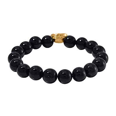Black Obsidian 130.00 ctw Beaded Stretch Bracelet with Sycee Charm in Goldtone (6.50-7.0In)